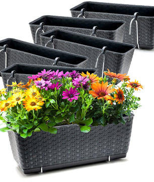 6er Set Blumenkästen für Balkon-Geländer - Rattan-Optik - Anthrazit - mit Halterung - 40cm