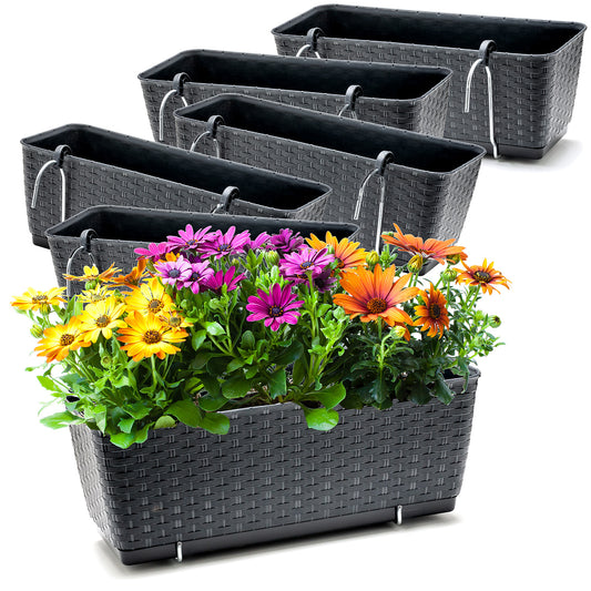 BigDean 6er Set Blumenkästen für Balkon-Geländer - Rattan-Optik - Anthrazit - Balkonkästen mit Metall-Halterung - 39 x 15,5 x 14 cm - inkl. Bewässerungssystem image 1