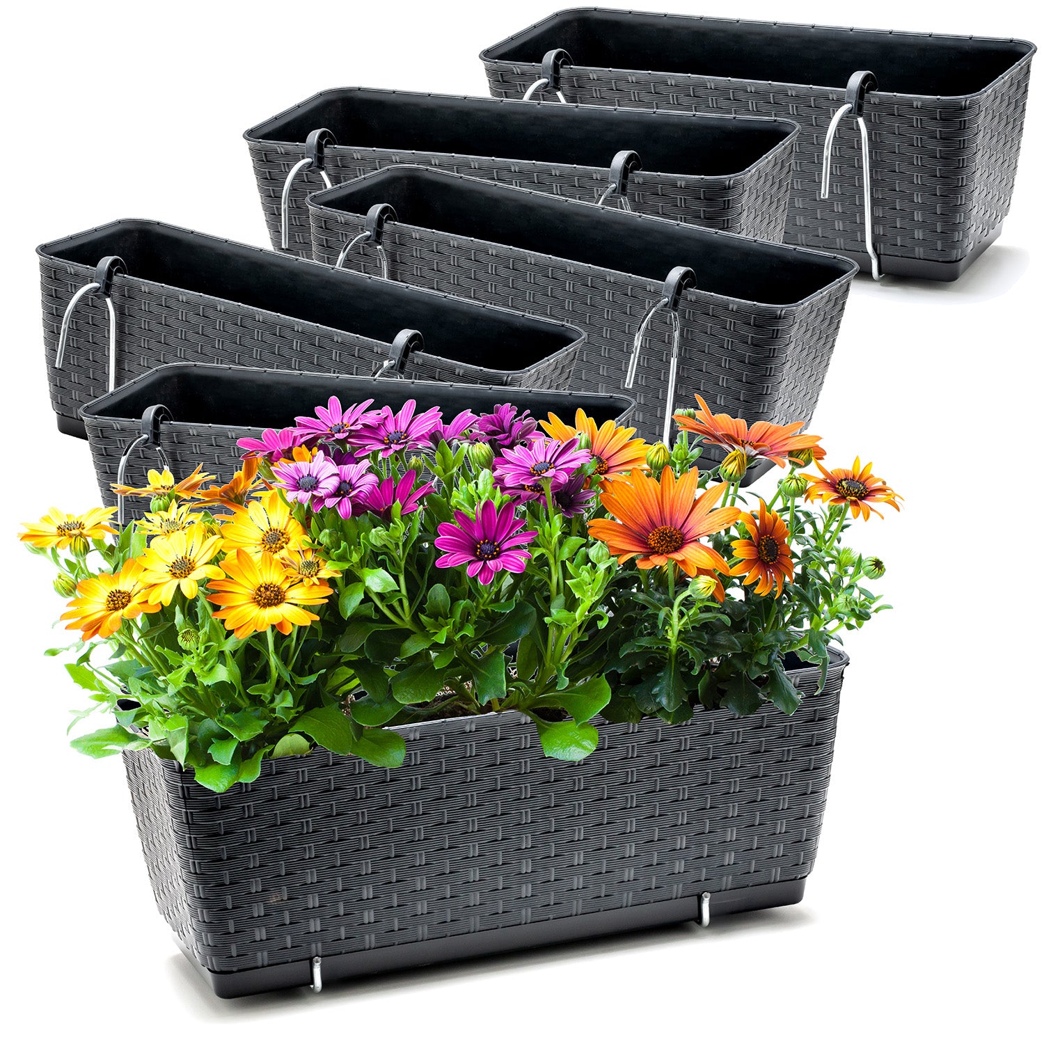 BigDean 6er Set Blumenkästen für Balkon-Geländer - Rattan-Optik - Anthrazit - Balkonkästen mit Metall-Halterung - 39 x 15,5 x 14 cm - inkl. Bewässerungssystem