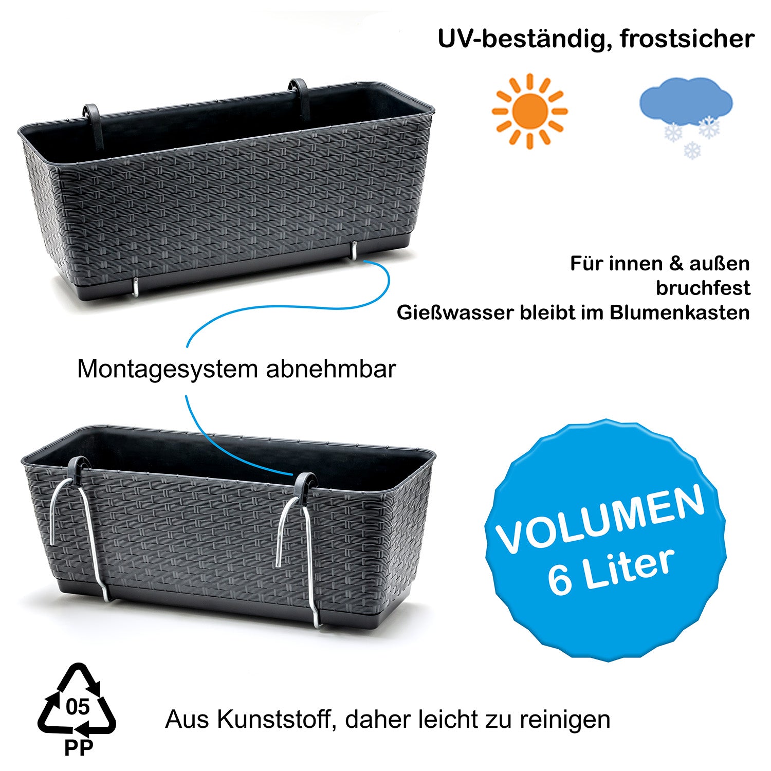 6er Set Blumenkästen für Balkon-Geländer - Rattan-Optik - Anthrazit - mit Halterung - 40cm 3