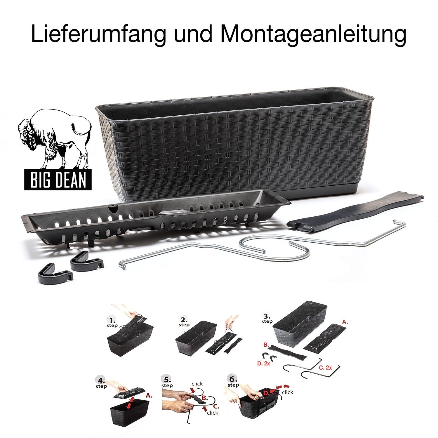 6er Set Blumenkästen für Balkon-Geländer - Rattan-Optik - Anthrazit - mit Halterung - 40cm 4