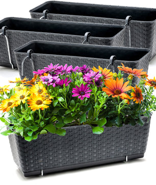 4er Set Blumenkästen für Balkon-Geländer - Rattan-Optik - Anthrazit - mit Halterung - 50cm