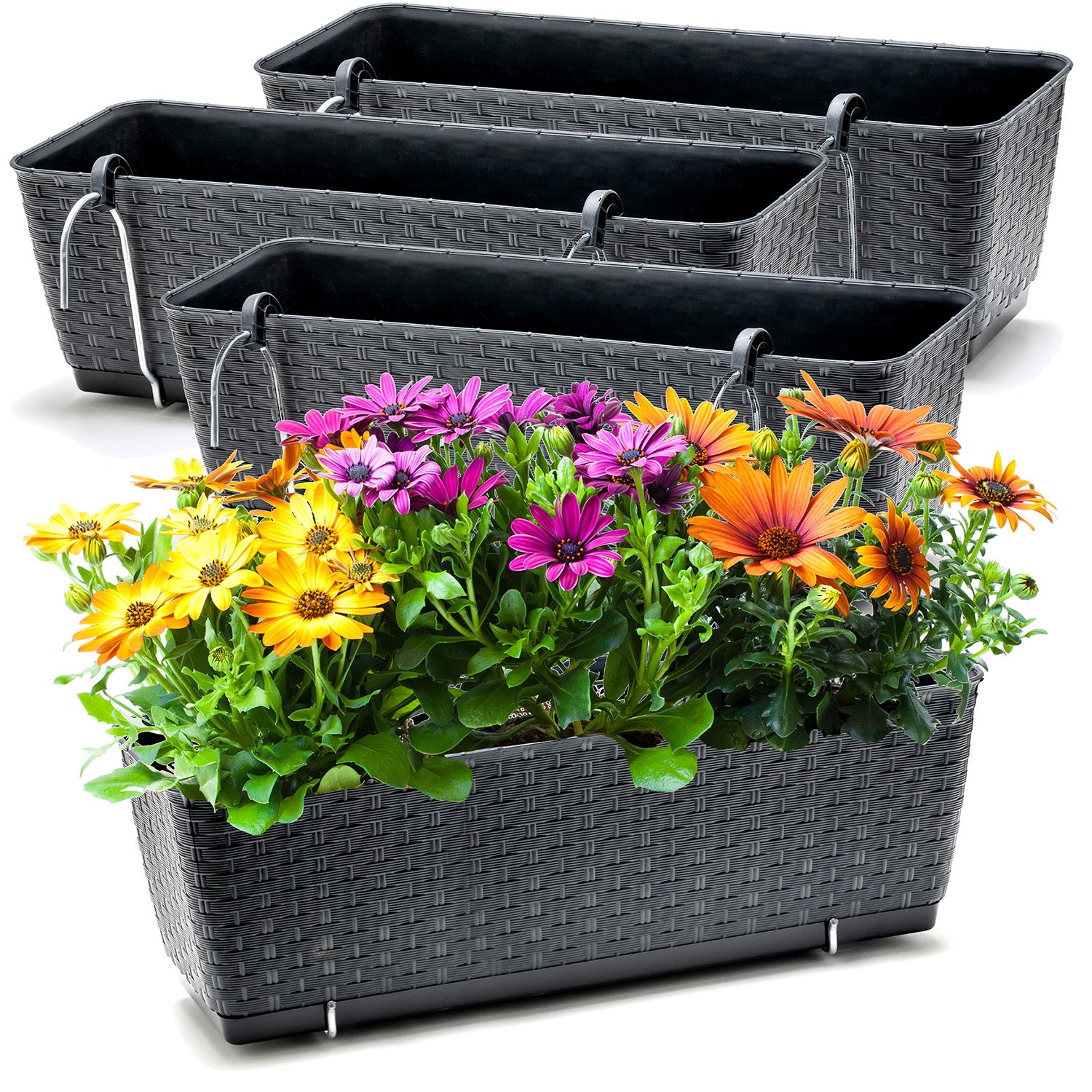 BigDean 4er Set Blumenkästen für Balkon-Geländer - Rattan-Optik - Anthrazit - Balkonkästen mit Metall-Halterungen - 49 x 17 x 17 cm - inkl. Bewässerungssystem