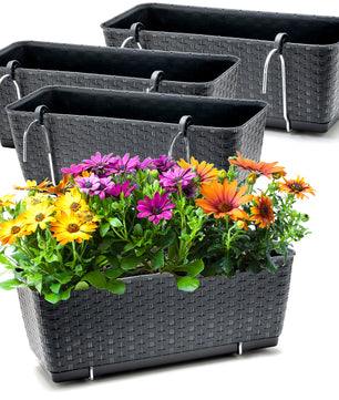 4er Set Blumenkästen für Balkon-Geländer - Rattan-Optik - Anthrazit - mit Halterung - 40cm