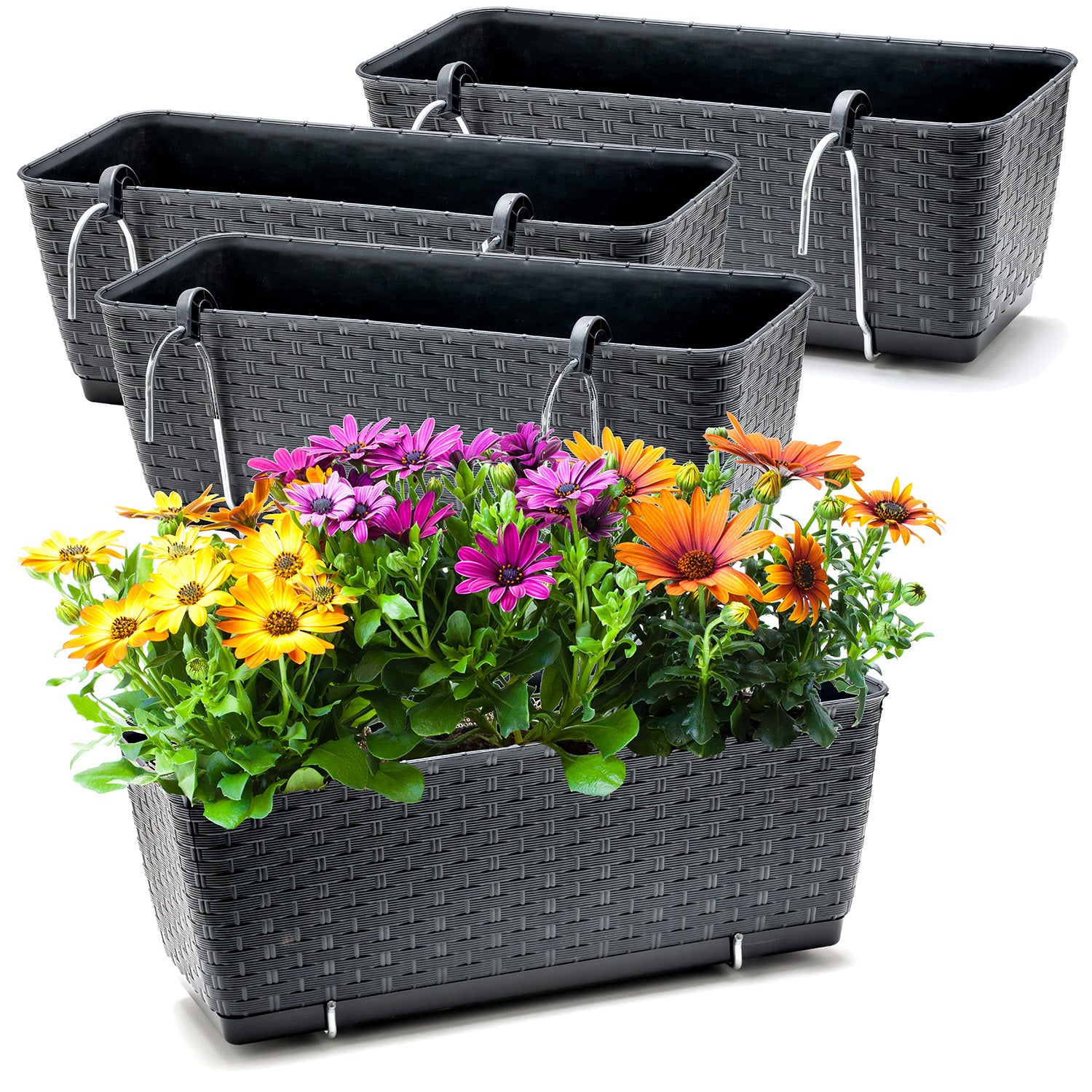 4er Set Blumenkästen für Balkon-Geländer - Rattan-Optik - Anthrazit - mit Halterung - 40cm