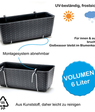 4er Set Blumenkästen für Balkon-Geländer - Rattan-Optik - Anthrazit - mit Halterung - 40cm 3