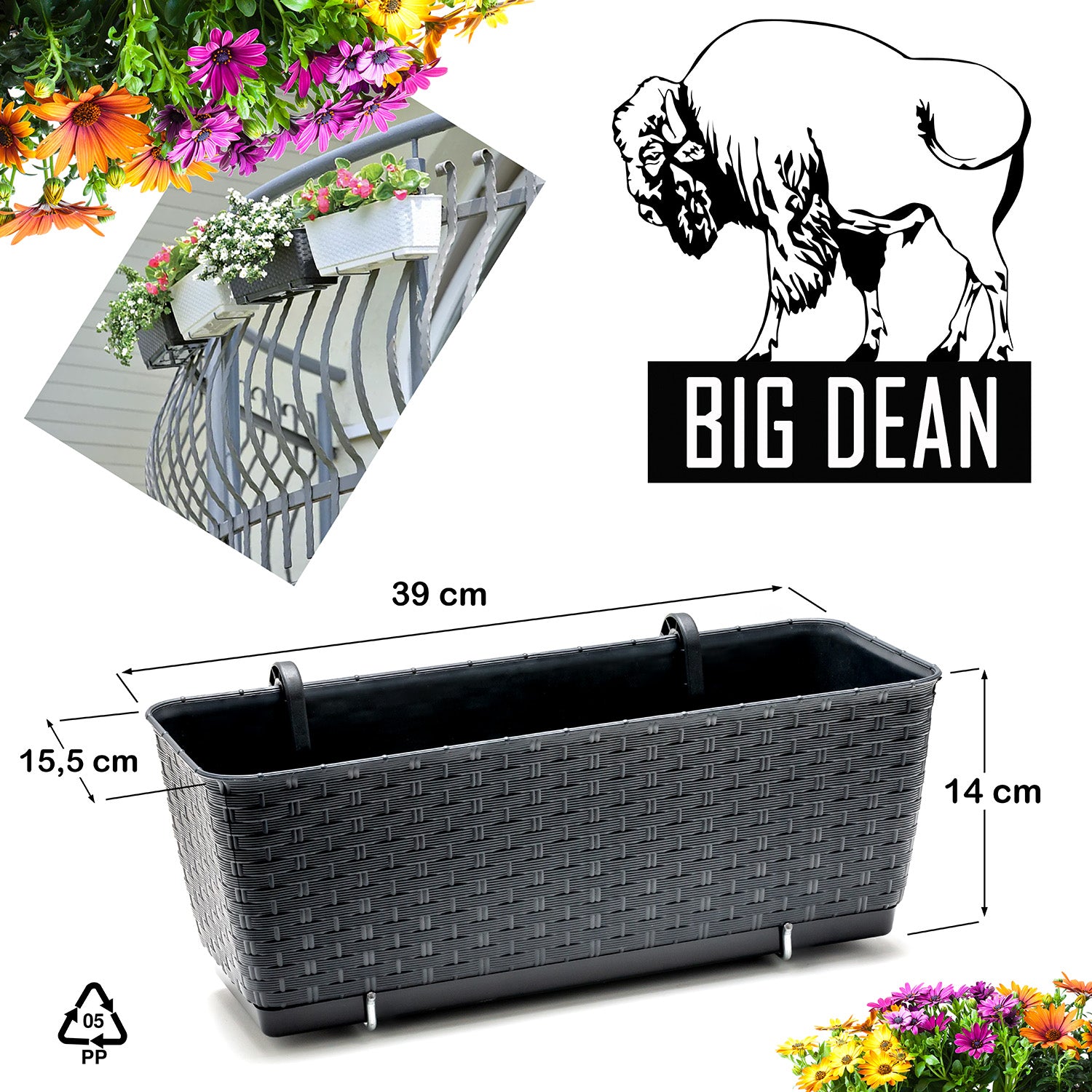 4er Set Blumenkästen für Balkon-Geländer - Rattan-Optik - Anthrazit - mit Halterung - 40cm 5