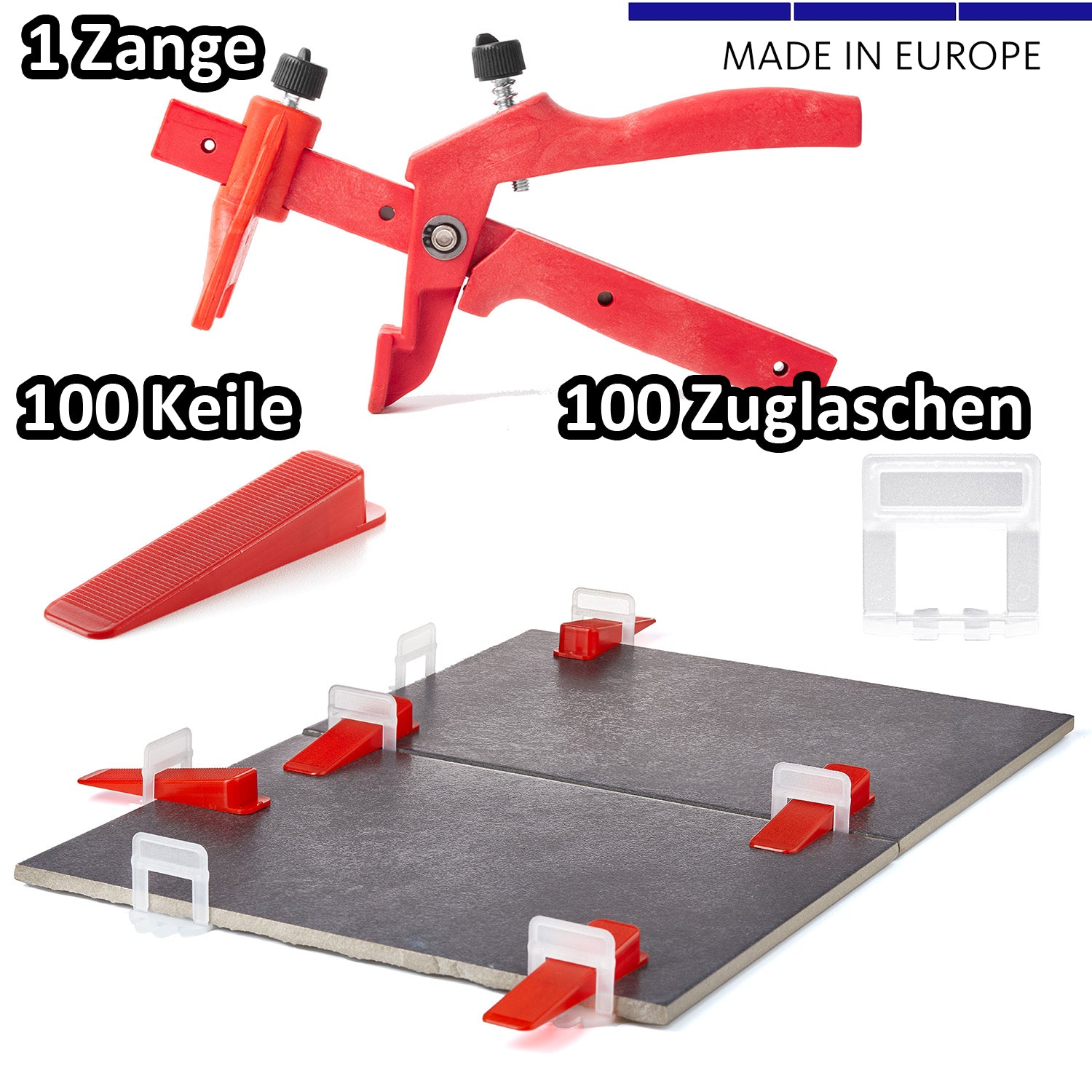 100 Laschen 2mm, 100 Keile & 1 Zange - Fliesen Nivelliersystem - Frei wählbar - Riesen Auswahl 2