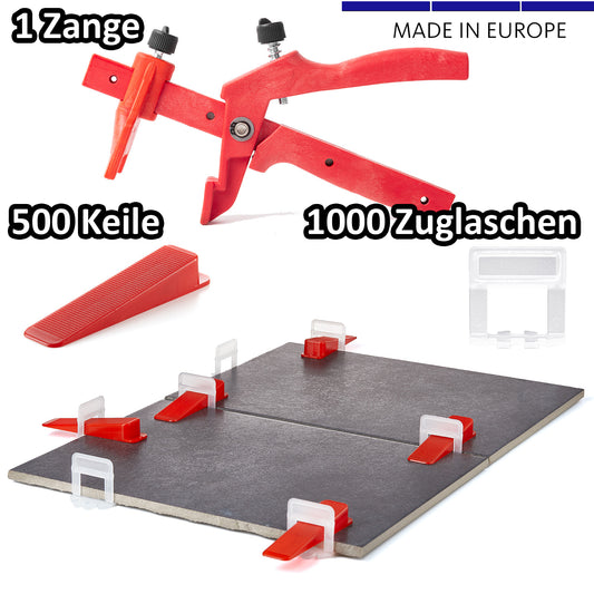 BigDean 1000 Laschen 1,5mm, 500 Keile & 1 Zange - Fliesen Nivelliersystem - Frei wählbar - Riesen Auswahl an Fliesenkeilen & Zuglaschen - Verlegehilfe Fliesenleger Set - Made in Europe 2