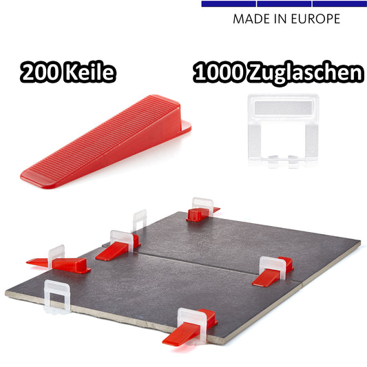 BigDean 1000 Laschen 1mm & 200 Keile - Fliesen Nivelliersystem - Frei wählbar - Riesen Auswahl an Fliesenkeilen & Zuglaschen - Verlegehilfe Fliesenleger Set - Made in Europe 2