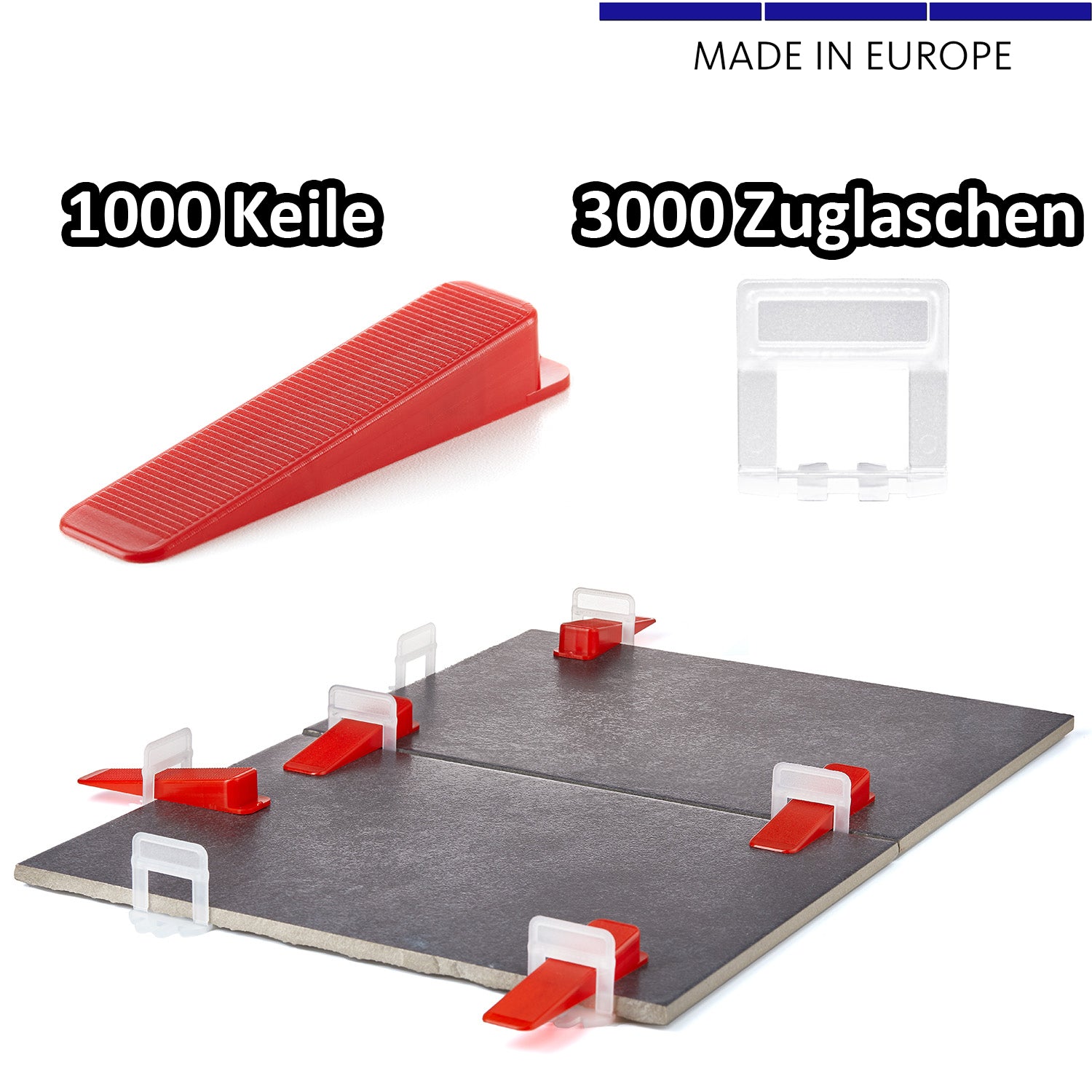 BigDean 3000 Laschen 2mm & 1000 Keile - Fliesen Nivelliersystem - Frei wählbar - Riesen Auswahl an Fliesenkeilen & Zuglaschen - Verlegehilfe Fliesenleger Set - Made in Europe 2