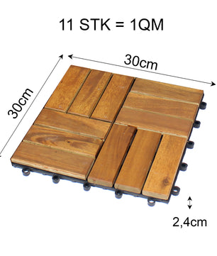 66er Pack Holzfliesen für Balkon 30x30 cm - 6 qm - Akazien-Holz - Bodenbelag Holzboden Klicksystem 2