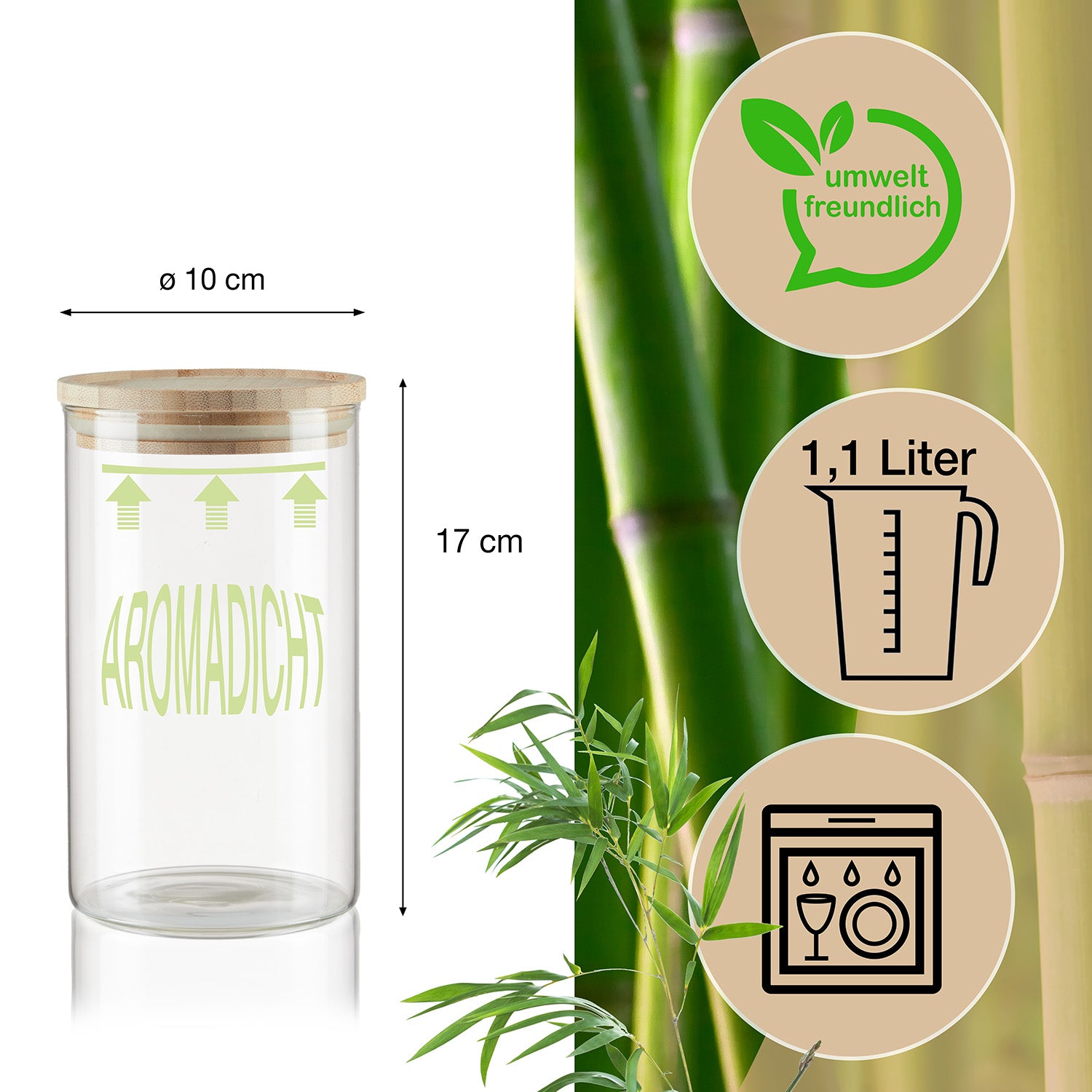 4er Set Vorratsgläser mit Deckel aus Bambus - 1,1L - Vorratsdosen Glas Küche Aufbewahrungsgläser 2