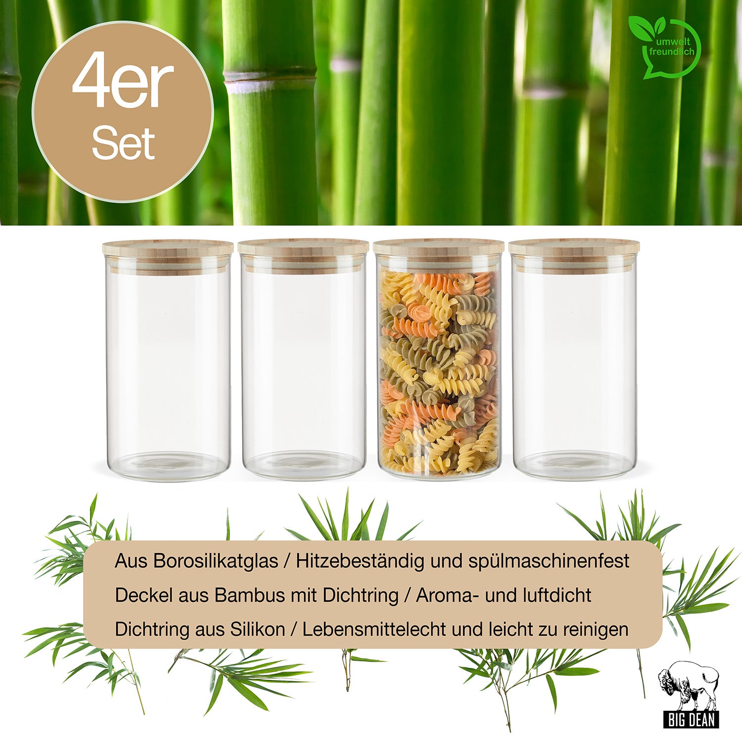 4er Set Vorratsgläser mit Deckel aus Bambus - 1,1L - Vorratsdosen Glas Küche Aufbewahrungsgläser 3