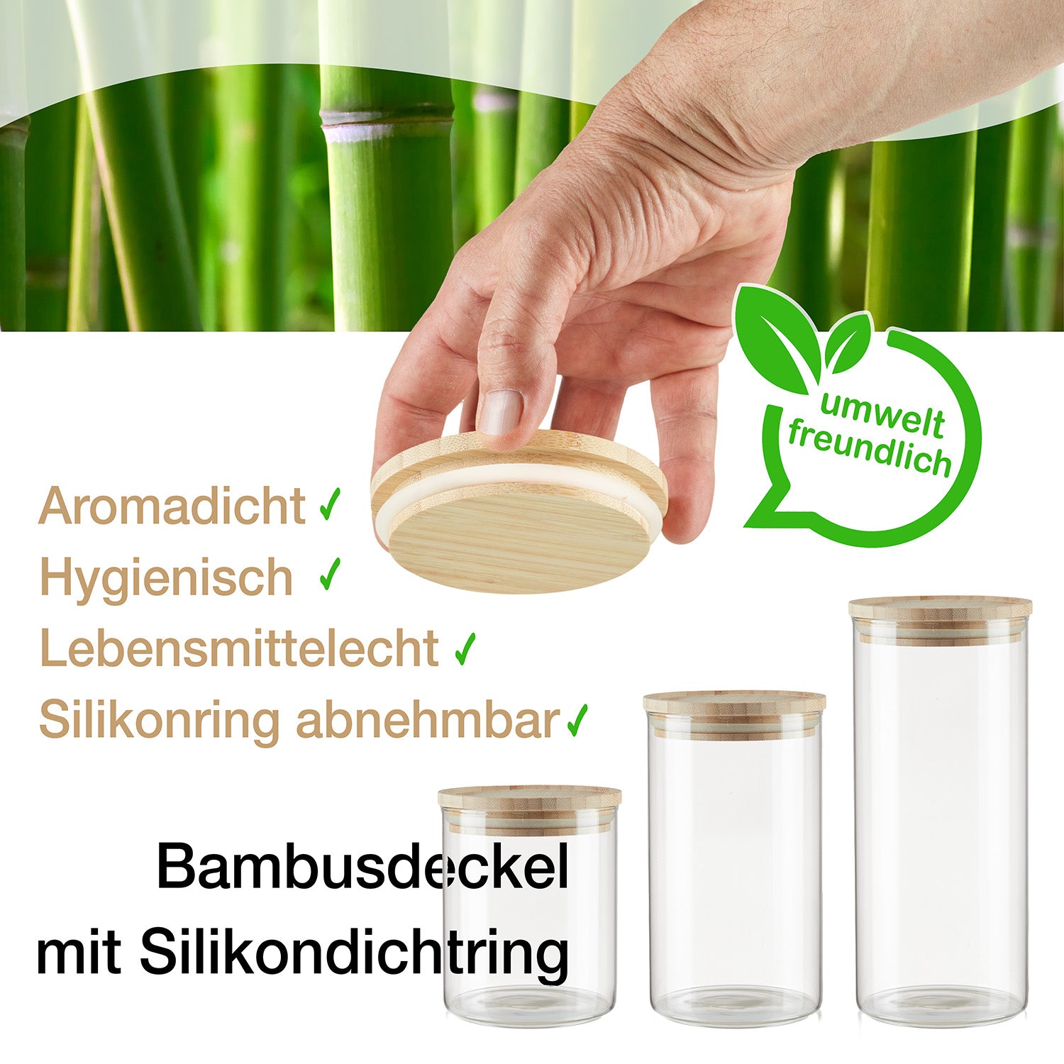 4er Set Vorratsgläser mit Deckel aus Bambus - 1,1L - Vorratsdosen Glas Küche Aufbewahrungsgläser 4