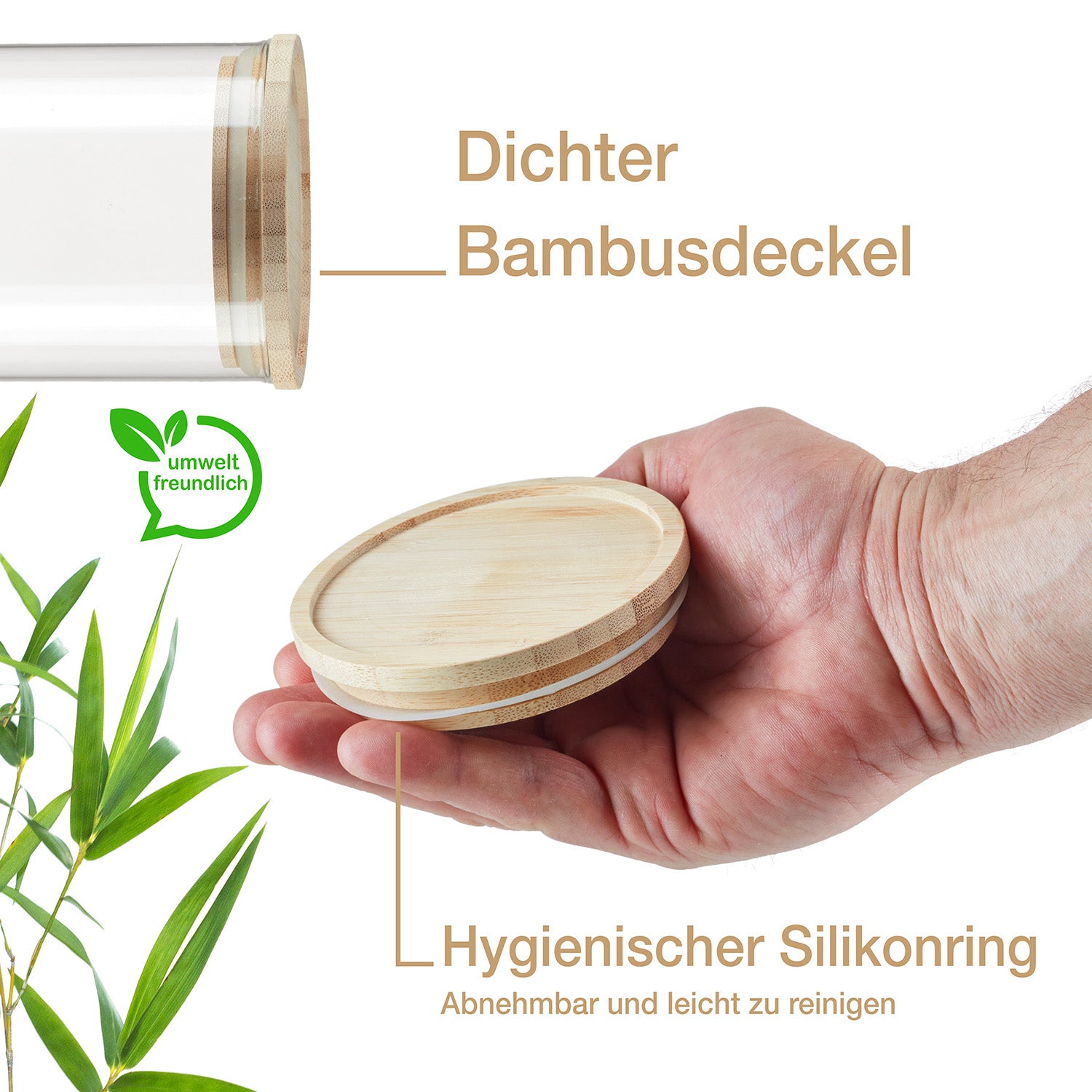 4er Set Vorratsgläser mit Deckel aus Bambus - 1,1L - Vorratsdosen Glas Küche Aufbewahrungsgläser 5