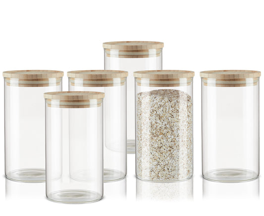 BigDean 6er Set Vorratsgläser mit Deckel aus Bambus - 1,1L - Vorratsdosen Glas Küche Aufbewahrungsgläser Glasbehälter - luftdicht & spülmaschinenfest - 10x17cm