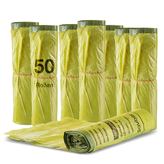 50 Rollen Gelber Sack, Gelbe Säcke 90 Liter HDPE Gelb 13 Stück pro Rolle, insgesamt 650 Stück - ca. 60x87 cm plus 5 cm Umschlag 15my - Ideal für Mülltonnen, Mülleimer und Körbe