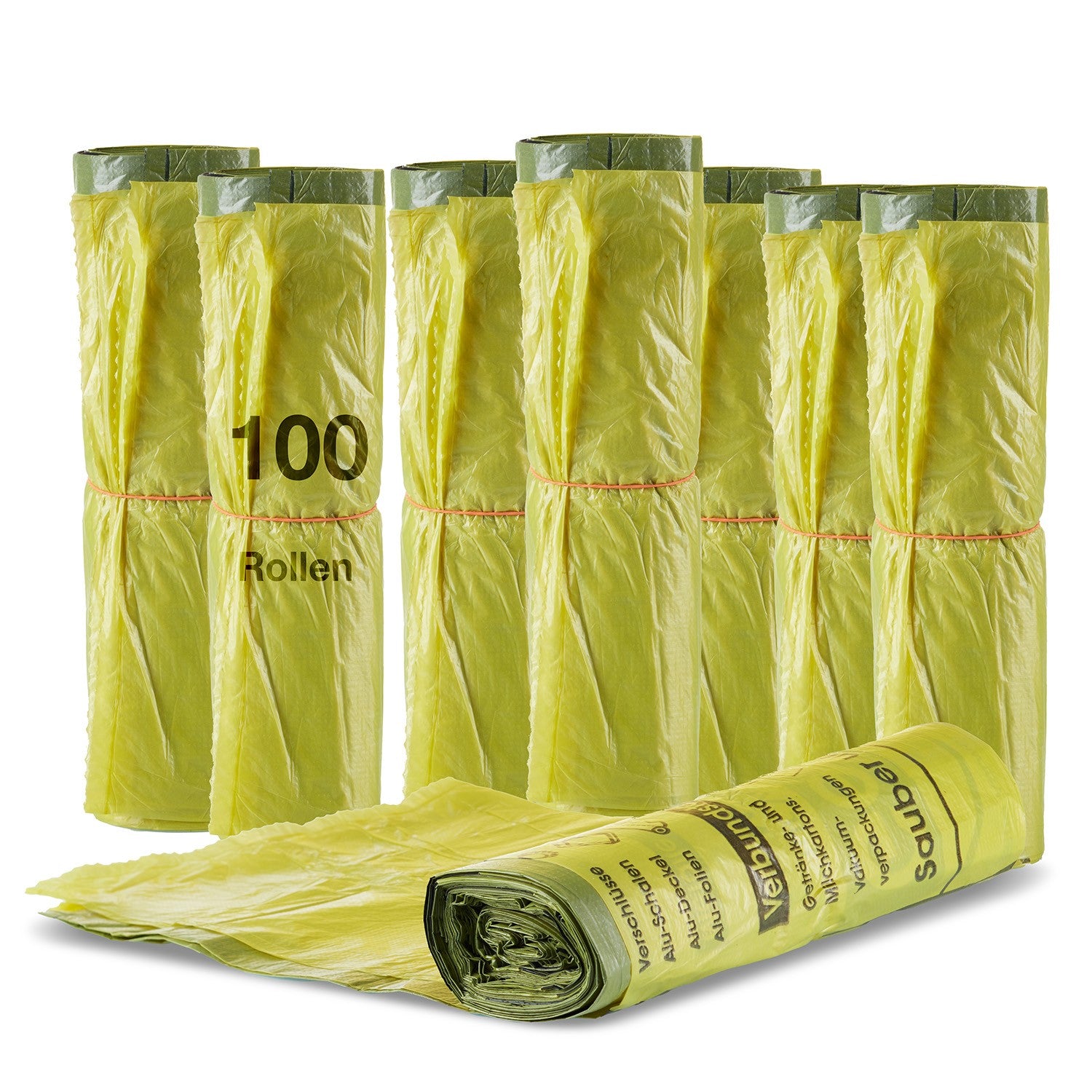 F  100 Rollen Gelber Sack, Gelbe Säcke 90 Liter HDPE Gelb 13 Stück pro Rolle, insgesamt 1300 Stück - ca. 60x87 cm plus 5 cm Umschlag 15my - Ideal für Mülltonnen, Mülleimer und Körbe