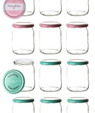 12er Set Einmachgläser mit Deckel in rosa und pastell-grün in made with love Stil - 540ml