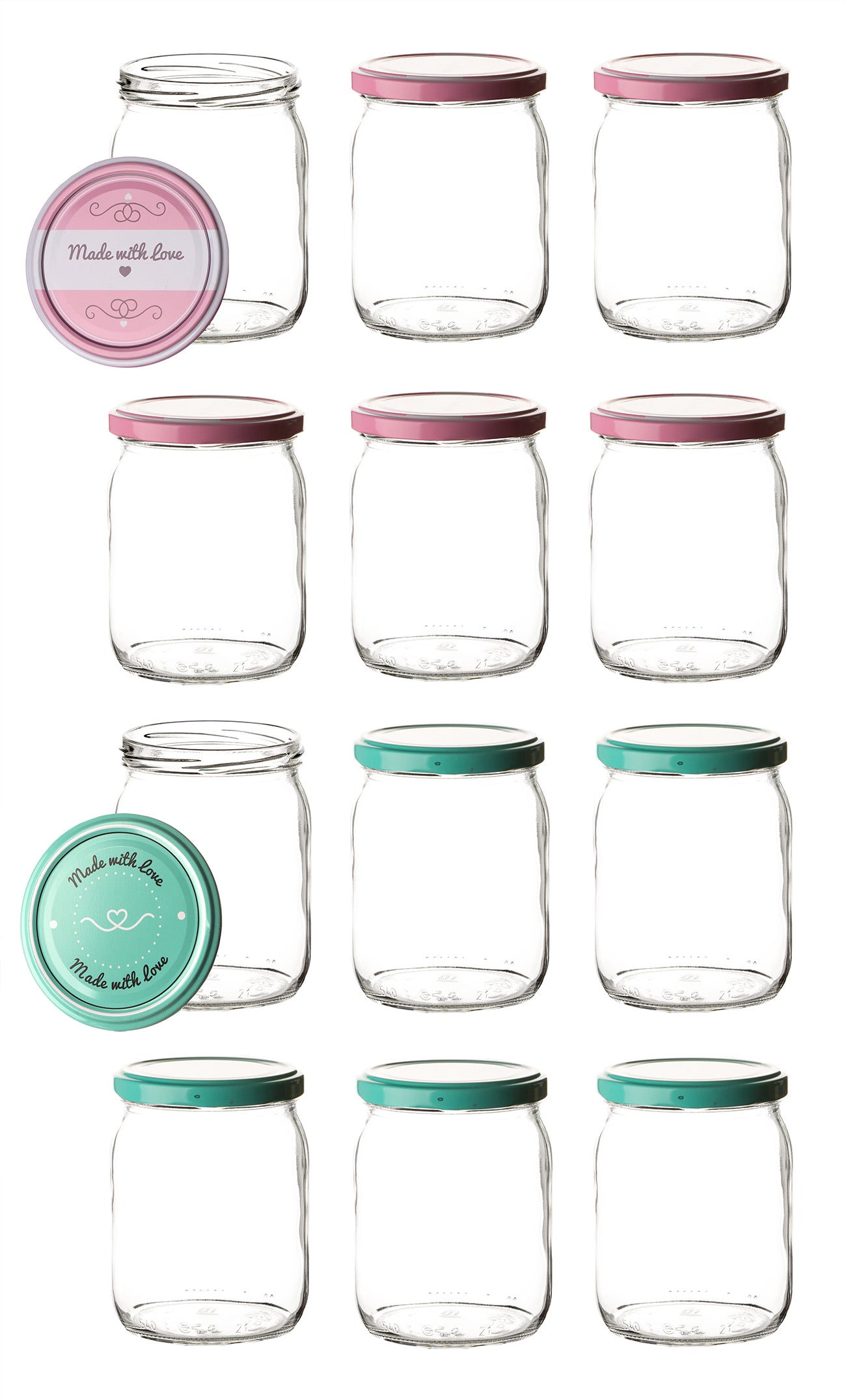 12er Set Einmachgläser mit Deckel in rosa und pastell-grün in made with love Stil - 540ml