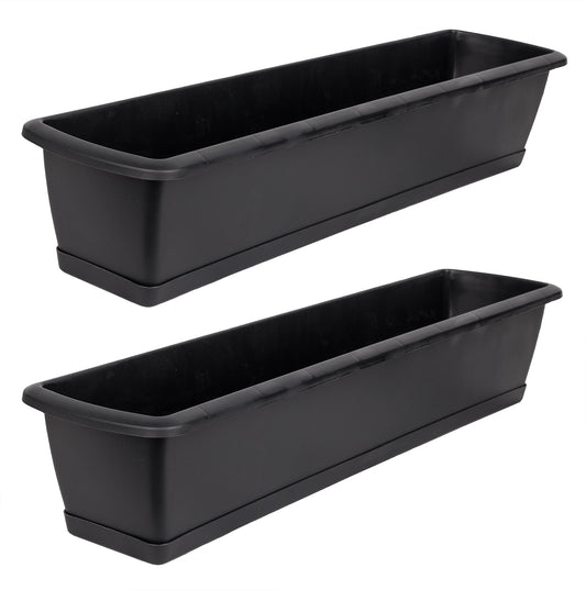 BigDean 2er Set Blumenkasten mit Untersetzer 80 cm lang anthrazit - aus PP-Kunststoff - Balkon Pflanzkasten schmal Balkonkasten image 1