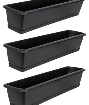 3er Set Blumenkasten mit Untersetzer 80 cm lang anthrazit - aus PP-Kunststoff