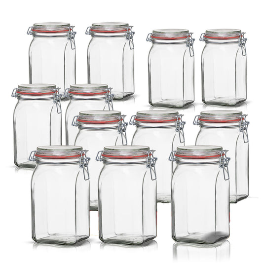 BigDean 12er Set Vorratsgläser 1,1L - Einmachgläser mit Deckel & Bügelverschluss - Made in Germany - Drahtbügelgläser zum luftdichten Aufbewahren, Einlegen & Einkochen - Glas, eckig image 1
