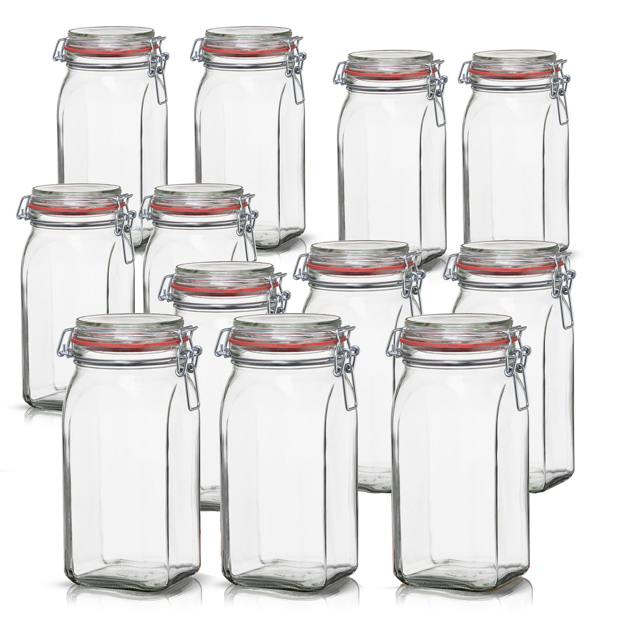 BigDean 12er Set Vorratsgläser 1,5L - Einmachgläser mit Deckel & Bügelverschluss - Made in Germany - Drahtbügelgläser zum luftdichten Aufbewahren, Einlegen & Einkochen - Glas, eckig image 1
