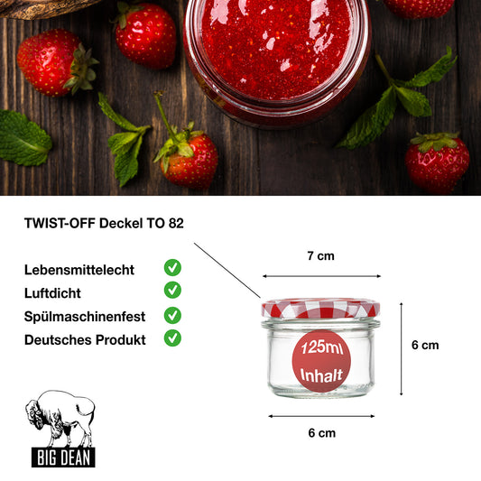 BigDean 108x Marmeladengläser 125ml - Einmachgläser klein, Gläser zum Verschenken, Schraubgläser - Made in Germany - Sturzgläser mit Deckel TO 66 - Rot kariert image 2