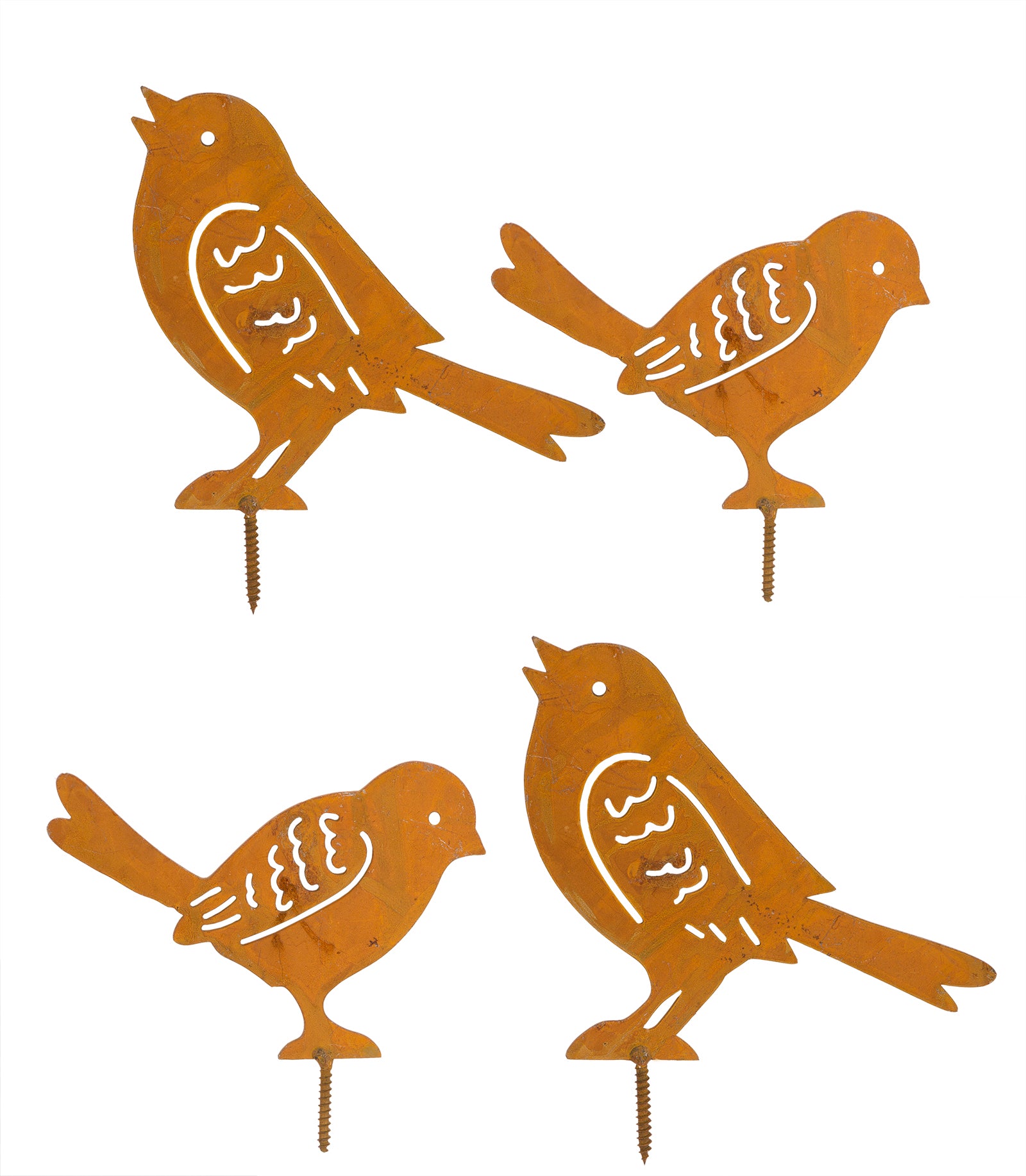 4er Set Vogel Gartenstecker im Edelrost Design – Zaundekoration aus Metall – 2 x 2 Vögel Ros