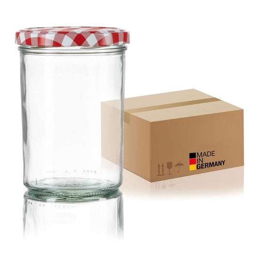 BigDean 60x Sturzgläser 435ml - Einmachgläser Einweckgläser Schraubgläser - Made in Germany - Marmeladengläser mit Schraub-Deckel TO 82 - Rot kariert