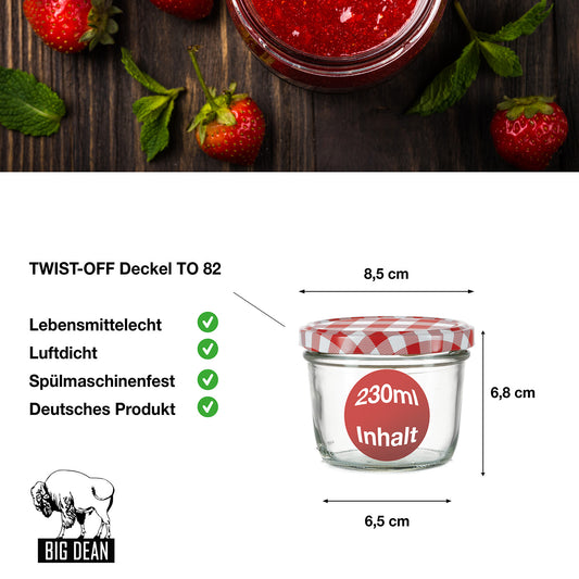 BigDean 36x Marmeladengläser 230ml - Einmachgläser Einweckgläser Sturzgläser - Made in Germany - Einkochgläser mit Schraub-Deckel TO 82 - Rot kariert image 2