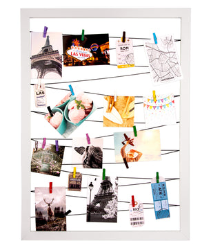 Fotohalter weiß 75x55 cm mit 20 Holz Klammern und Leine - Pinnwand für Fotos – Bilderrahmen