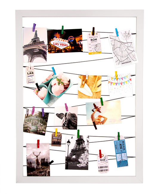 Fotohalter weiß 75x55 cm mit 20 Holz Klammern und Leine - Pinnwand für Fotos – Bilderrahmen