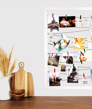 BigDean Fotohalter weiß 75x55 cm mit 20 Holz Klammern und Leine - Pinnwand für Fotos – Bilderrahmen 2
