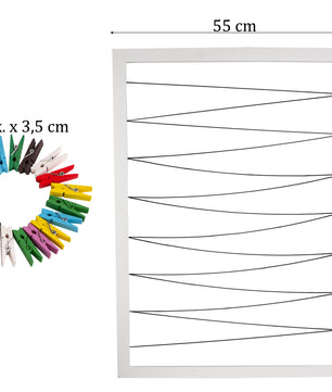 BigDean Fotohalter weiß 75x55 cm mit 20 Holz Klammern und Leine - Pinnwand für Fotos – Bilderrahmen 4