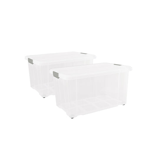 BigDean 2er Set Eurobox mit Deckel und Rollen 60 x 40 x 33 cm - Transparente Kunststoffbox, Griffe in Silberfarben