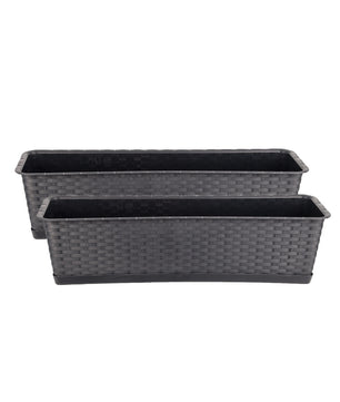 2er Set Blumenkasten mit Untersetzer 60 cm lang Rattan-Optik anthrazit - aus PP-Kunststoff