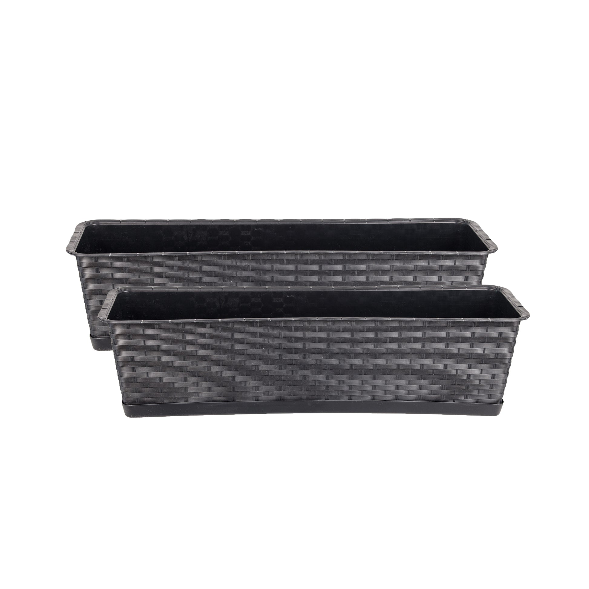 2er Set Blumenkasten mit Untersetzer 60 cm lang Rattan-Optik anthrazit - aus PP-Kunststoff