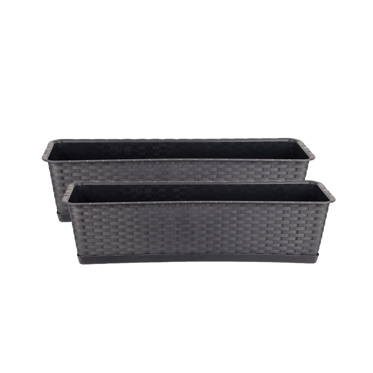 BigDean 2er Set Blumenkasten mit Untersetzer 60 cm lang Rattan-Optik anthrazit - aus PP-Kunststoff - Balkon Pflanzkasten schmal Balkonkasten image 1