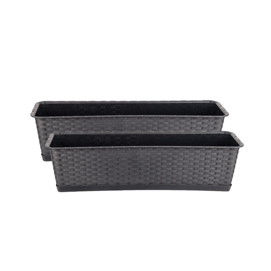 BigDean 2er Set Blumenkasten mit Untersetzer 60 cm lang Rattan-Optik anthrazit - aus PP-Kunststoff - Balkon Pflanzkasten schmal Balkonkasten image 1