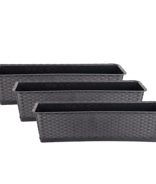 3er Set Blumenkasten mit Untersetzer 60 cm lang Rattan-Optik anthrazit - aus PP-Kunststoff 