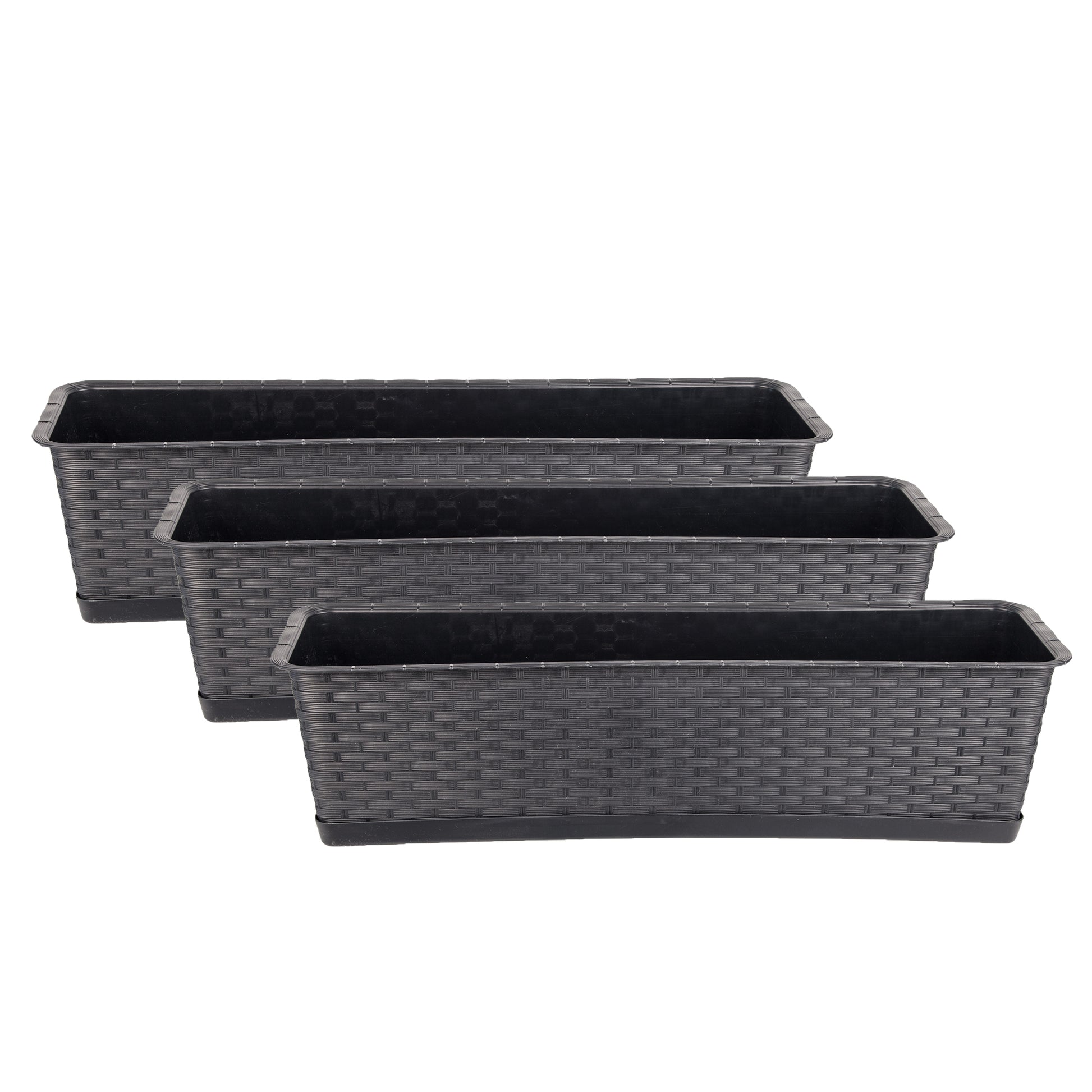 3er Set Blumenkasten mit Untersetzer 60 cm lang Rattan-Optik anthrazit - aus PP-Kunststoff 