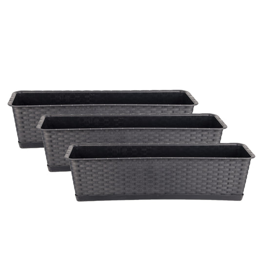 BigDean 3er Set Blumenkasten mit Untersetzer 60 cm lang Rattan-Optik anthrazit - aus PP-Kunststoff - Balkon Pflanzkasten schmal Balkonkasten image 1