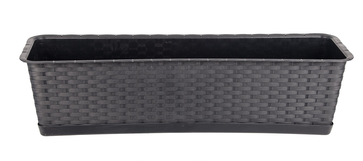 BigDean Blumenkasten mit Untersetzer 60 cm lang Rattan-Optik anthrazit - aus PP-Kunststoff