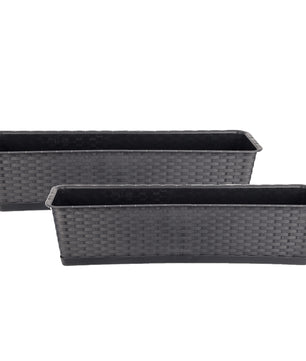 2er Set Blumenkasten mit Untersetzer 70 cm lang Rattan-Optik anthrazit - aus PP-Kunststoff 