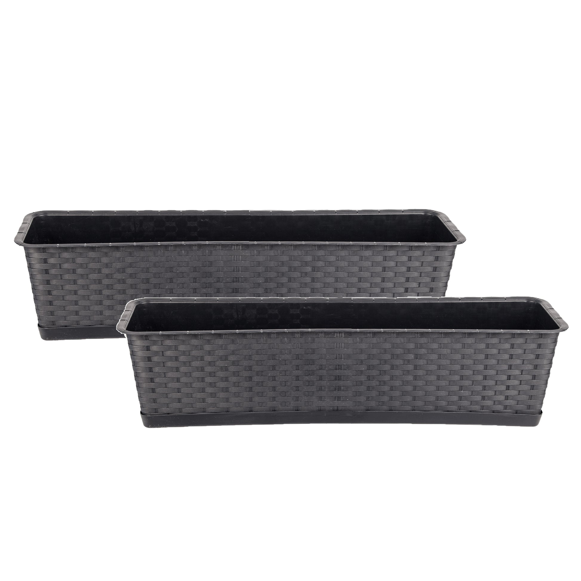 2er Set Blumenkasten mit Untersetzer 70 cm lang Rattan-Optik anthrazit - aus PP-Kunststoff 