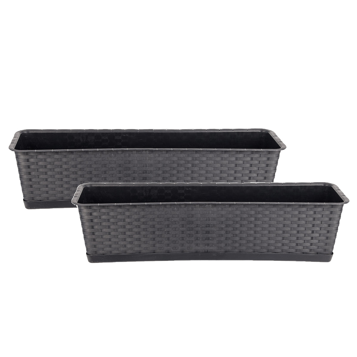 BigDean 2er Set Blumenkasten mit Untersetzer 70 cm lang Rattan-Optik anthrazit - aus PP-Kunststoff - Balkon Pflanzkasten schmal Balkonkasten image 1