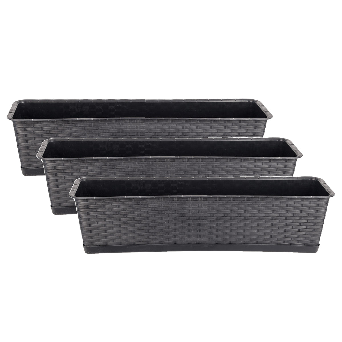 BigDean 3er Set Blumenkasten mit Untersetzer 70 cm lang Rattan-Optik anthrazit - aus PP-Kunststoff - Balkon Pflanzkasten schmal Balkonkasten image 1